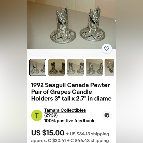 Pair Seagull pewter Canada 1989 candlestick  holders! Grapes and Grapevines - Picture 9 of 11